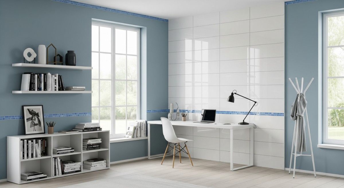 ترکیب آبی روشن و سفید رنگ اتاق کار و مطالعه