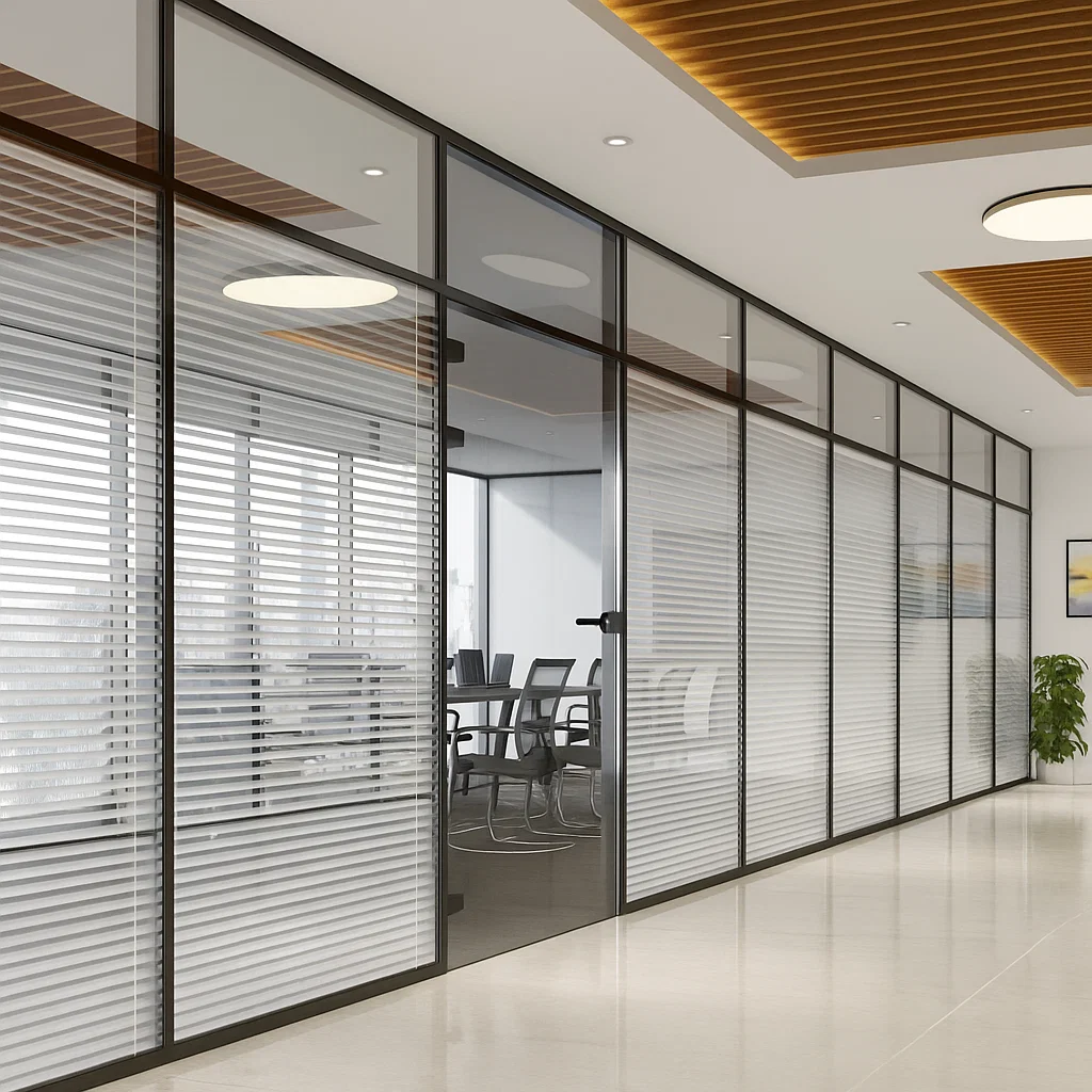 پارتیشن دوجداره آلومینیوم و شیشه سکوریت با پرده کرکره ای
