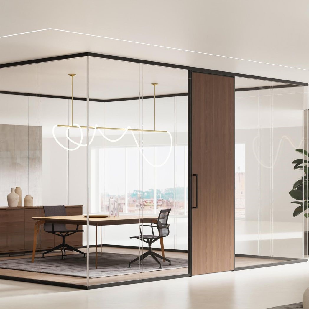 پارتیشن شیشه ای فریم لس با درب ام دی اف